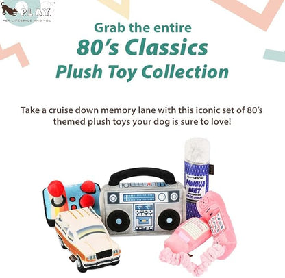P.L.A.Y. Cute Plush Dog Toys - 1980s Classics Themed Durable Squeaker 2-in-1 Chew Toy, Great for Puppies & Small, Medium, Large Dogs - Machine Washable, Recycled Materials (Boop Box Boombox & Casette)