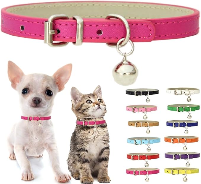 Hot Pink XXS Dog Collar with Bell, Soft Pu Leather Cat Collars Adjustable Buckle for XS Extra Small Medium Tiny Female Girls Pets Puppy Kitten Teacup Yorkie XX-Small