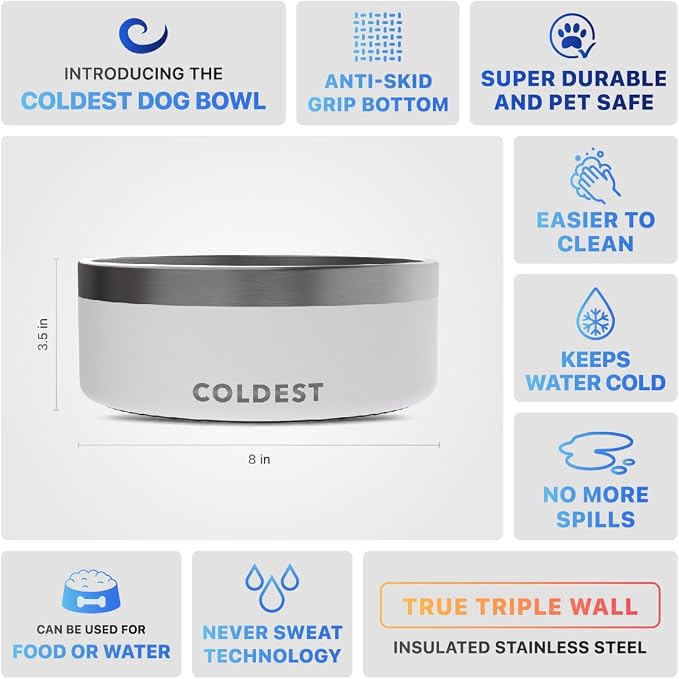 Coldest Dog Bowl - Anti Rust Metal, Non Slip, 3 Layers Insulated Stainless Steel Dog Bowls - Spill Proof & Heavy Duty - Water Bowl for Dogs, Cats & Pets, Dish Washer Safe (64 oz, Epic White)