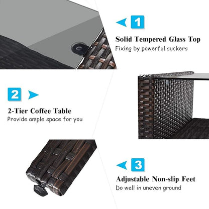 HAPPYGRILL 4-Piece Patio Furniture Set Outdoor Rattan Wicker Conversation Set with Coffee Table, Sectional Sofa Bistro Set with Cushions for Garden Poolside Backyard
