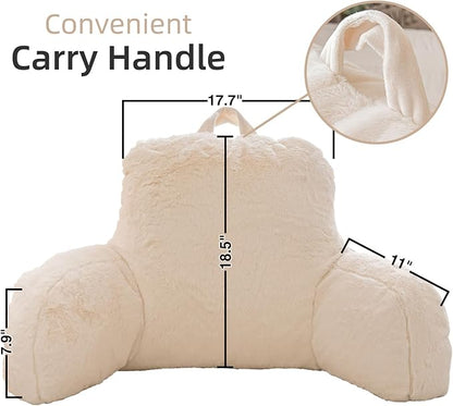 A Nice Night Faux Fur Reading Pillow Bed Wedge Large Adult Children Backrest with Arms Back Support for Sitting Up in Bed/Couch for Bedrest,Ivory,Large