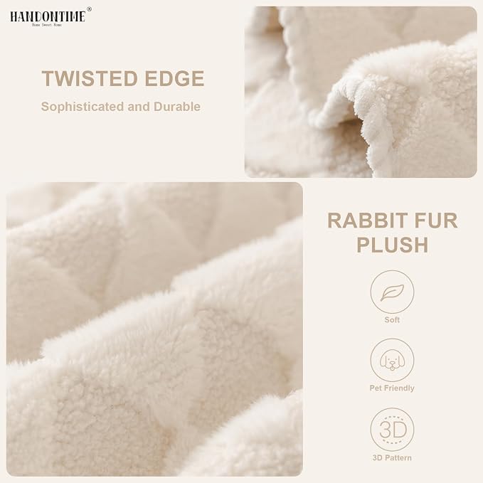 HANDONTIME Non-Slip Pet Couch Cover Washable, Plush Faux Fur Couch Protector for Cushion Pet-Friendly Sofa Covers for Dogs, Checkered Diamond Sectional Covers Dog Mat for Sofa (Ivory, 35.6" x 70.9")