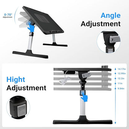 iXTRA Laptop Lap Desk Include Cooling Fan,Adjustable Lap Desk with Light Fan,Folding Laptop Desk for Bed with USB,Bed Desk with Storage Drawer 56 * 32cm,Black