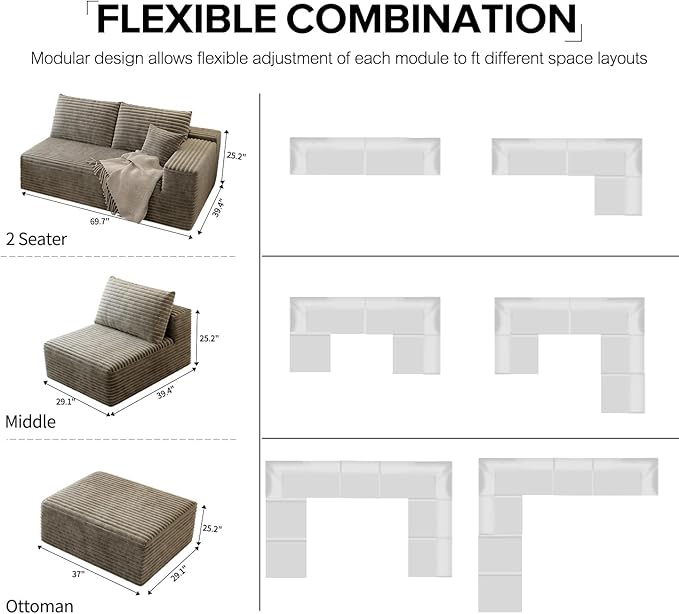 168.5" Modular Sectional Sofa, Oversized U-Shaped Minimalist Couches with 1 Middle Seat and 2 Ottomans Chaise, Modern Deep Seat Convertible Sleeper Sofa, Cloud Plush Corduroy Fabric,7 Seater, Camel
