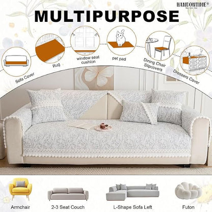 HANDONTIME Floral Chenille Couch Cover for Pets – Plush Fringed Edges, Washable & Non-Slip Sofa Protector, Pet-Friendly Dog Bed Cover for Couches and Sectionals (Light Grey,35.4" x 63")