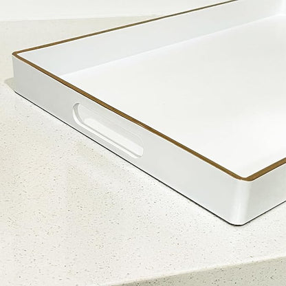 Large White Rectangular Decorative Tray – Plastic Serving Tray with Handles for Coffee Table, Ottoman, Living Room, 15.7” x 11.8” x 1.6