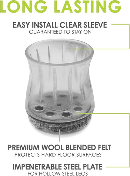 Slipstick GorillaFelt Chair Leg Floor Protectors for Hardwood Floors, Clear Sleeve Felt Pads for Furniture That Stay On, Fits Round & Square Legs, Includes 8 Premium Transparent Chair Socks, CB186