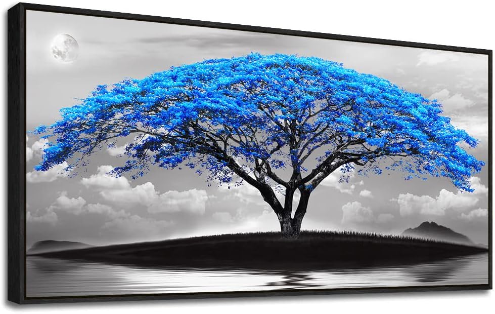 Framed Canvas Wall Art For Office Large Size Living Room Wall Decor Bedroom Decor Wall Pictures Artwork Black And White Landscape Blue Tree Moon Wall Painting Home Decorations Black Frame 24" X 48"