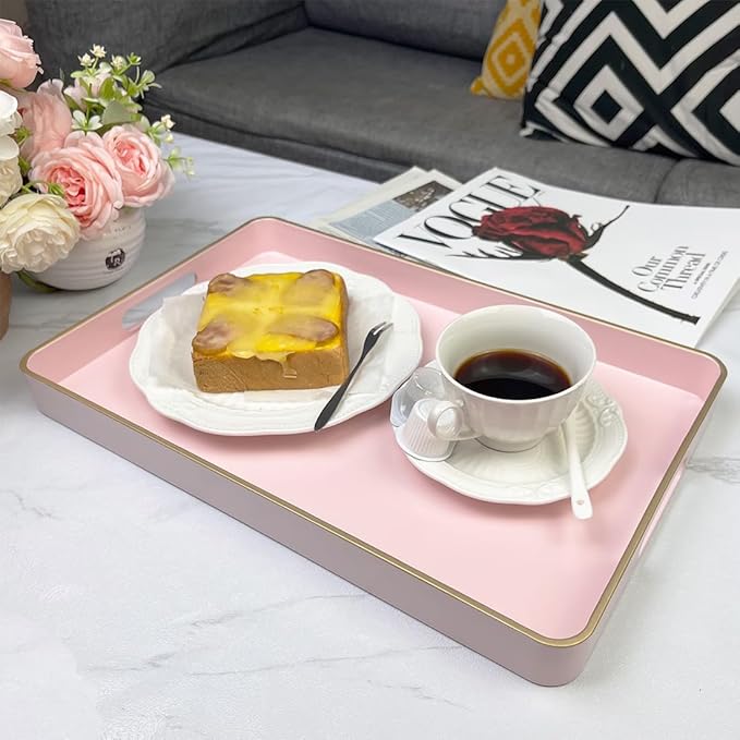 Pink Coffee Table Tray, Decorative Serving Tray with Handles, Plastic Rectangular Tray for Ottoman, Bathroom, Living Room. 15.7"*10.2"