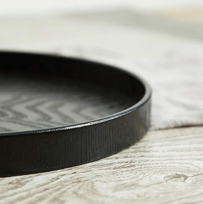 Round Wood Serving Tray, Solid Wooden Decorative Tray Non-Slip Tea Coffee Table Tray Snack Plate Food Meals Serving Tray with Raised Edges for Home Decor Kitchen Restaurant (9.5inch, Black)