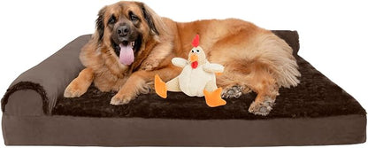 FurHaven Orthopedic Dog Bed & goDog Toy - Squeaky Plush Fat Rooseter with Chew Guard Technology for Large Dogs - Plush & Velvet L Shaped Chaise - Sable Brown, Jumbo Plus/XXL