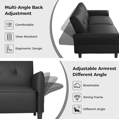 89” Futon Sofa Bed,Futon Couch Bed with 2 Square Pillows,Convertible Sleeper Sofa with Adjustable Backrest& Armrests, Modern Loveseat Sleeper for Living Room, Bedroom,Faux Leather Black