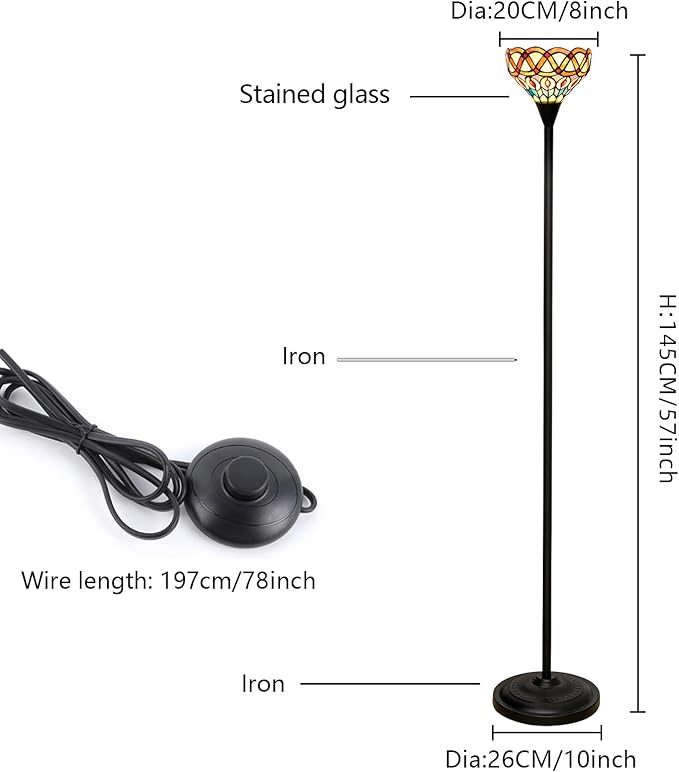 Tiffany Floor Lamp Torchiere Antique Stained Glass Lamp Yellow Peacock Tail Style Standing Light Tall Uplight Lamp for Home Decorating Reading Working