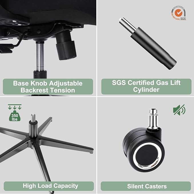 ZYFFHYLAI Ergonomic Office Chair - 350LB Mesh Office Chair with Adjustable Lumbar, High Back Computer Desk Chair with 3D Armrests, Comfy Chair with 2D Headrest & Tilt Function for Study, Work, Gaming