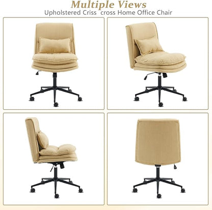 VINGLI Cloud Criss Cross Legged Chair,18" High Back Armless Home Office Desk Chair with Wheels,Wide Adjustable Comfy Padded Seat Task Computer Chair,Modern Swivel Makeup Vanity Chair,Fabric,Yellow