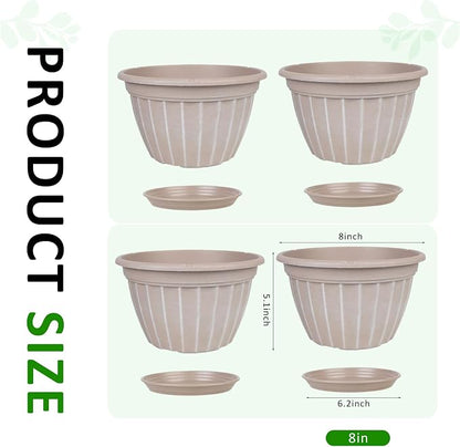 FGstyle 4 Pack Flower Pots,8 Inch Plants Pot,Planters Pot with Drainage Hole & Saucer,Modern Planters for Indoor Outdoor Plants,Decorative Resin Garden Pots for Outdoor Indoor Home Plants (Beige)