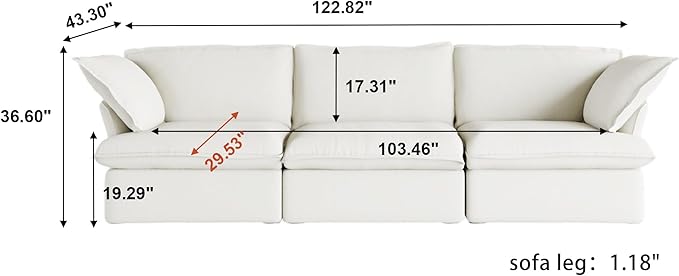 WJShome 122.82" Cloud Modular Sectional Sofa, Modern Comfy Couch Filled with Down, Minimalist Wide Deep Seat Couches for Living Room Apartment Lounge Bedroom (White, 3 Seater)
