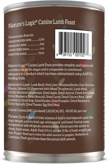 Nature's Logic Grain-Free Canned Dog Food - 95% Animal Proteins - 100% Natural Wet Dog Food Cans - No Common Allergens - All Life Stages - Ideal for Sensitive Dogs - Lamb (13.2 oz, 12 pack)