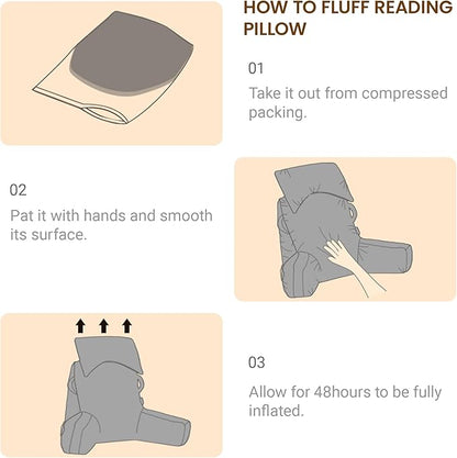 Unisakey Portable Reading Pillows with Headrest for Bed Sitting Up(Light Grey Oeko-Tex), Velvet Back Pillow with Arms & Pockets for Adults, Support Memory Foam Bed Pillow for Dorm/Watching/Gaming