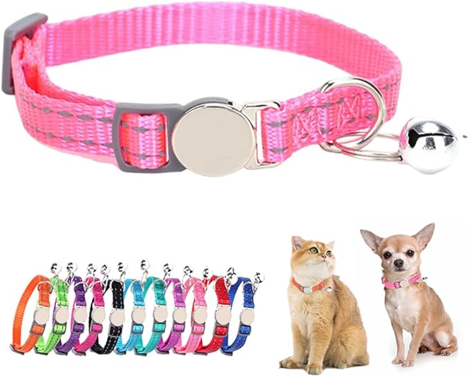 Pink Reflective Cat Collar with Bell, Breakaway Kitten Collar with Bell Safety Soft Nylon Break Away Female Puppy Collar with Bells for XXS Xs Small Tiny Little Girl Pet Dogs, Neck 7-11 inch