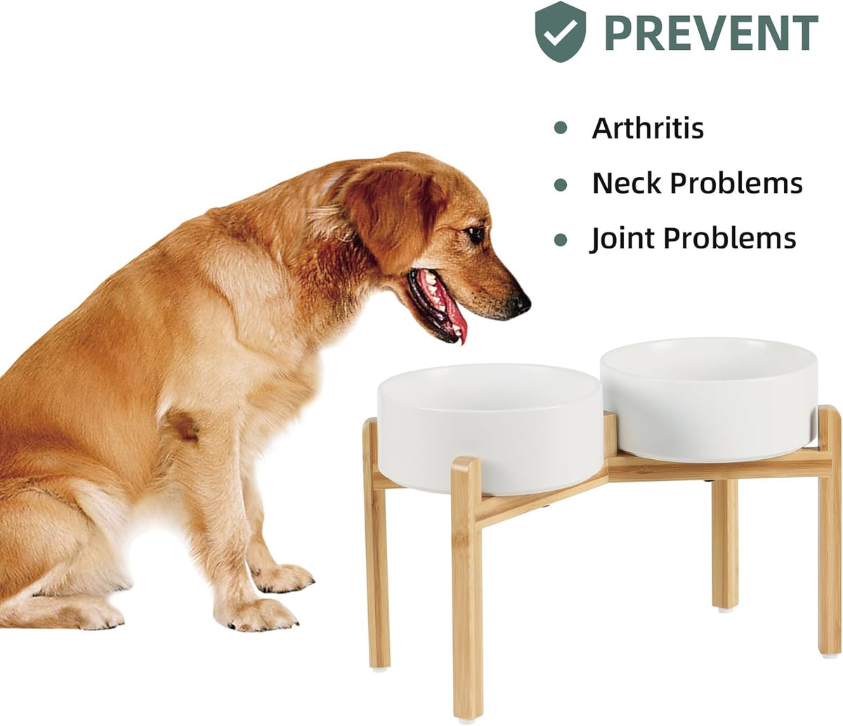 Ceramic Raised Double Bowls Set with Stand, Food & Water Bowls for Large Breed Dogs, Weighted Dog Dishes, Pet Bowl(8.2'',60OZ, White)