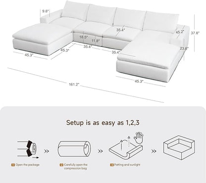 Vorthio Cloud Couch Sectional Oversized Modular Sofa with 35'' Deep Seat Boneless Couch U-Shape Comfy Sofa Stain-Resistant White Sectional Couches for Living Room Apartment 4 Seater with 2 Ottoman
