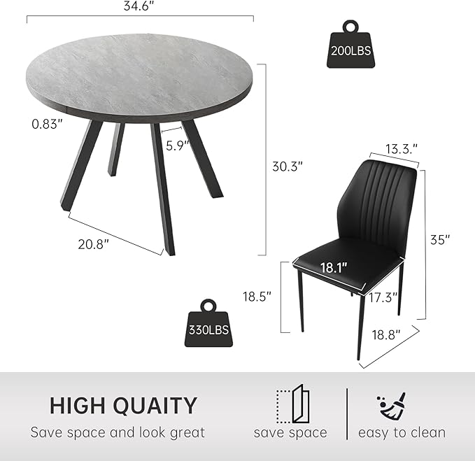 34.6'' Round Dining Table and Chairs for 2, Space Saving Modern Casual Coffee Table Set for Apartment Kitchen Dining Room (Grey Table+2 Balck Chairs)