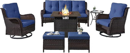 Belord Outdoor Patio Furniture Set with Propane Fire Pit Table, 7 Pieces Wicker Patio Conversation Set with 2 Swivel Glider Rocker Chairs Rattan Sofa Blue Cushion Perfect for Casual Gathering