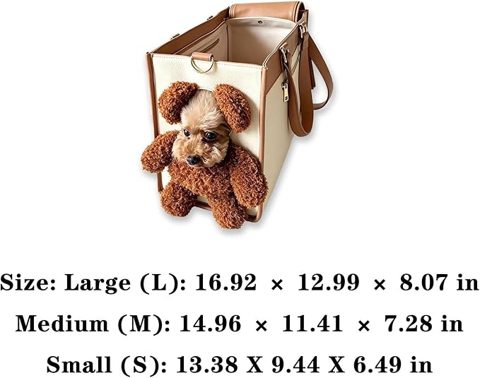 Teddy Bear Dog Carrier Bag, Teddy Carrier Bag for Dogs and Cats, Portable PU Leather Shoulder Tote with Plush Ears, Portable Convenient，White Brown Color Scheme M
