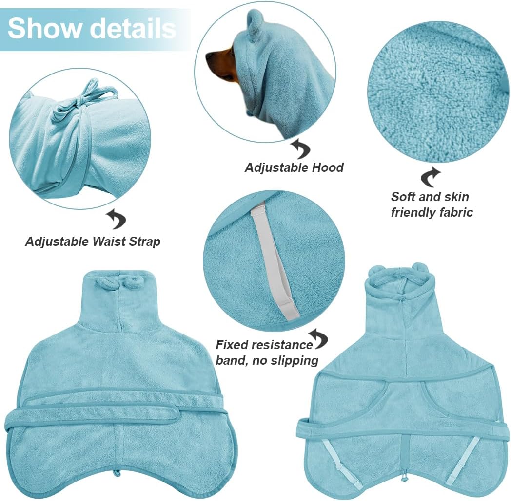 KOOGALSmall to Medium Size Dog Bathrobe, Quick Drying Super Absorbent Used for After Bathing, Warm Dog Towels, Adjustable Hoodies and Belts for Pet Dogs Bath Clothes Products (Blue, XL)