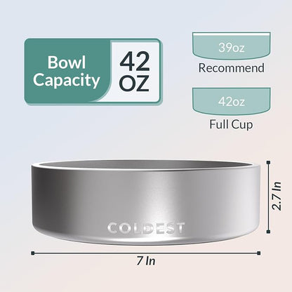 Coldest Dog Bowl - Anti Rust Metal, Non Slip, 3 Layers Insulated Stainless Steel Dog Bowls - Spill Proof & Heavy Duty - Water Bowl for Dogs, Cats, Dish Washer Safe (42 oz, Polished Stainless Steel)