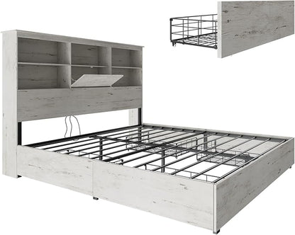 AMERLIFE Farmhouse King Size Bed Frame with 51.2" LED Storage Bookcase Headboard, Solid Wooden Platform Bed with 4 Drawers & Charging Station, Distressed White, No Box Spring Needed, Noise-Free