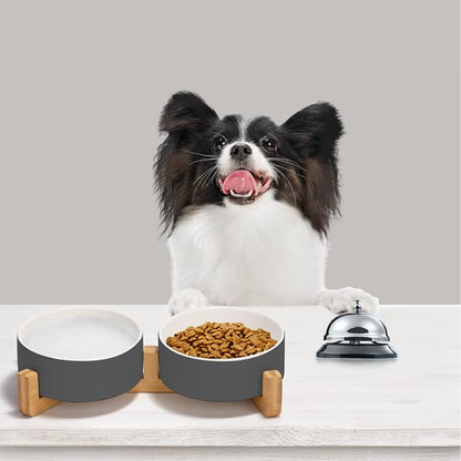 SPUNKYJUNKY Ceramic Dog and Cat Bowl Set with Wooden Stand, Modern Cute Weighted Food Water Set for Small Size Dogs (13.5OZ) & Medium Sized Dogs (28.7OZ) & Cats (1.7 Cups, 2 × White-Gray)