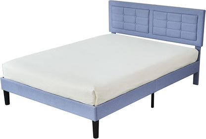 VECELO Full Size Bed Frame with Adjustable Headboard, Upholstered Button Tufted Platform Bedframe with Wood Slats Support, No Box Spring Needed, Light Blue