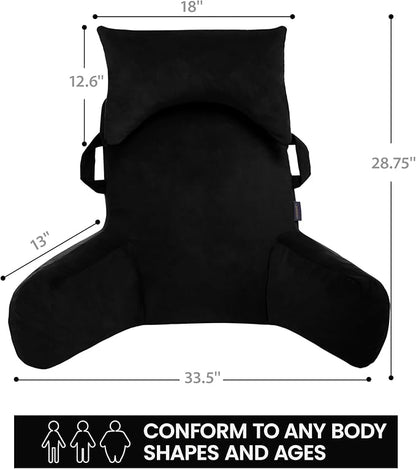 Unisakey Portable Reading Pillows with Headrest for Bed Sitting Up(Black Oeko-Tex), Velvet Back Pillow with Arms & Pockets for Adults, Support Memory Foam Bed Pillow for Dorm/Reading/Watching/Gaming