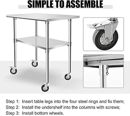 Stainless Steel Table - Metal Table Cart - Commercial Workbench with Caster Wheel - NSF Certified - for Restaurant, Warehouse, Home, Kitchen, Garage,36''x24''