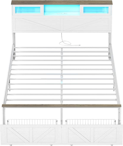 Yoobure Farmhouse Queen Bed Frame with Headboard - Bed Frame Queen Size with Charging Station & LED Lights, Wood Bedframe Queen-Size with 2 Storage Drawer, Platform Beds, No Box Spring Needed, White