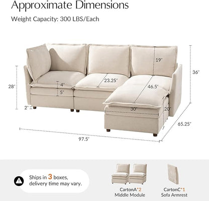 HULALA HOME 98'' Oversized Modular Sectional Sofa with Dual-Layered Cushions, L Shaped 4 Seater Couch with Storage Ottoman and Removable Cover, Modern Deep Seat Cloud Couch for Living Room, Beige