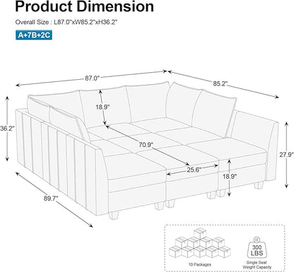 Belffin Large Modular Sectional Sofa Sleeper Couch with Storage Velvet Sectional Sofa Bed for Living Room, 9 Seats, Blue
