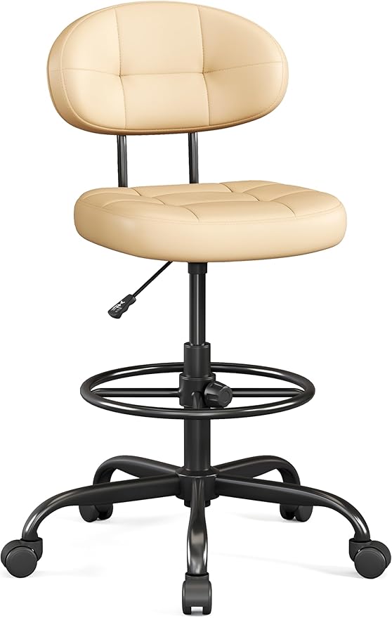 Misolant Drafting Chair Without Arms, Tall Office Chair with Footrest Ring for Standing Desk, Small Faux Leather Executive Office Chair with Adjustable Height for Bar Lab Counter Height Desk, Khaki