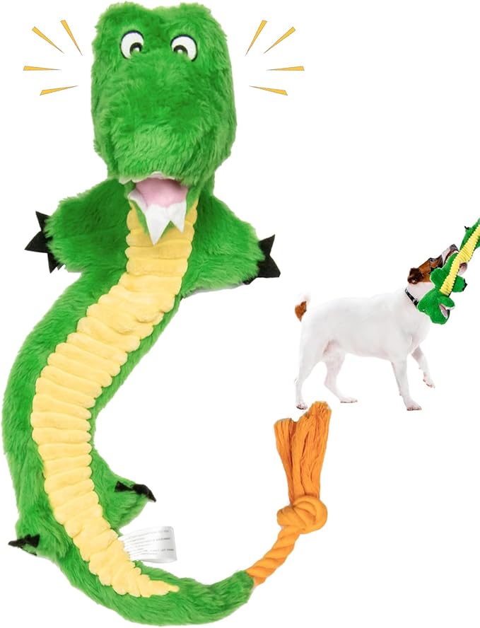 Crinkle Dog Toys Squeaky Plush No Stuffing Cute Puppy Stuffless Tough Rop Pull Toy, Fun Dog Stuffed Animals Durable Chew Set for Small Medium Large Pup (Large, Alligators)