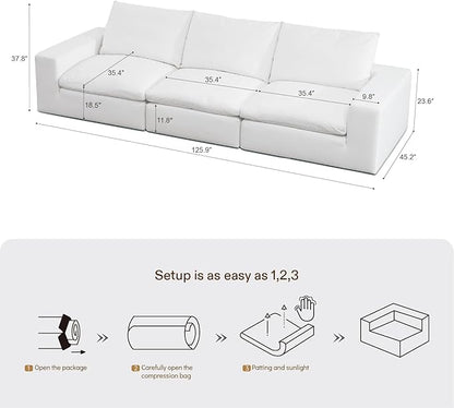 Cloud Couch Sectional Oversized Modular Sofa with 35'' Deep Seat Boneless Couch Comfy Stain-Resistant White Sectional Couches for Living Room Apartment 3 Seater