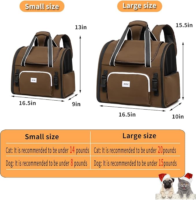 Pet Backpack Carrier for Small Dogs Medium Cats, Puppies,Breathable and Collapsible Design, Portable Travel Bag for Bearded Dragon,Rabbit Cage (Dark Brown, Small)