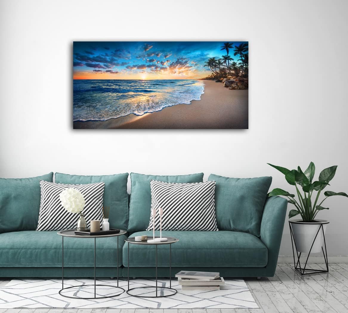 Jiuqinghua Canvas Prints Wall Art Blue Beach Ocean Landscape Paintings 1 panel Sunset Sea Waves Wall Decor Pictures Stretched and Framed for Living Room Bedroom and Office Decor Artwork 30x60inch