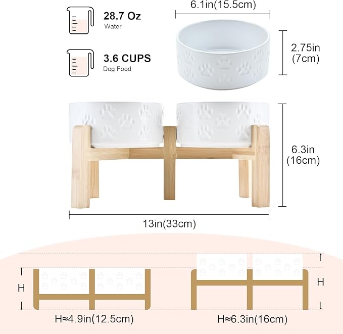 SPUNKYJUNKY Elevated Dog Bowls Ceramic, 6.1'' Dogs and Cat Food Water Bowls Raised with Non-Slip Bamboo Stand for Medium Sized Breed Microwave Dishwasher Safe - 28.7 OZ,Paw White