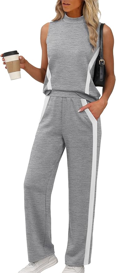 XIEERDUO Two Piece Sets for Women Summer Outfits Travel Mock Neck Lounge Sets Wide Leg Pants Beach Vacation Clothes