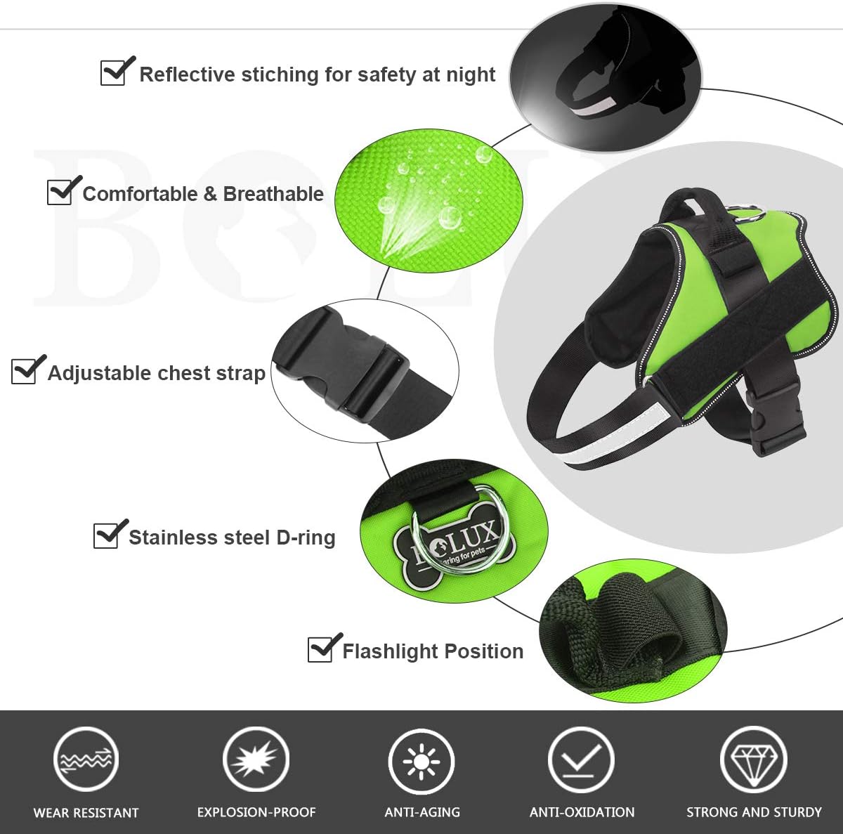 Bolux Dog Harness, No-Pull Reflective Dog Vest, Breathable Adjustable Pet Harness with Handle for Outdoor Walking - No More Pulling, Tugging or Choking Small (Pack of 1) Green