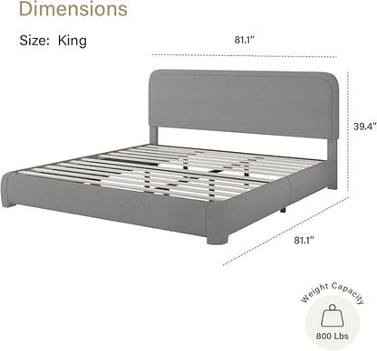 BarnFurin King Size Boucle Bed Frame and Headboard, Cloud Upholstered Platform Bed Frame, Modern Style, Soft Rounded Corners, No Box Spring Required, Easy Assembly, Light Grey