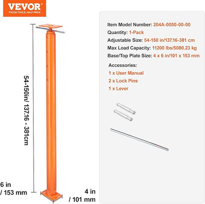 VEVOR House Floor Jack, 54"-150" Height Range, 11200 lbs Max Load Capacity, Adjustable Support Beam Basement Jack Post Pole for Leveling, Lift Support Steel Telescoping Jack for Temporary Support