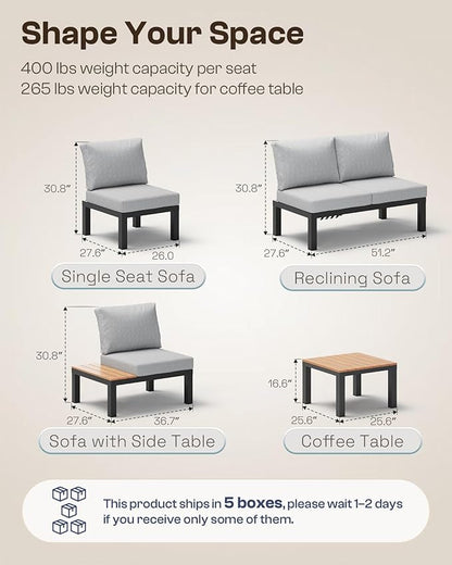Oasbira Aluminum Modular Outdoor Patio Furniture Set, 8 Seats Sectional Sofa Set with Adjustable Backrest & Thick Cushions, All-Weather L-Shaped Corner Set with Table for Garden & Yard, Gray